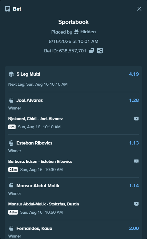 Bet slip: Mansur Abdul-Malik - Stoltzfus, Dustin, $10,010.00 stake at 1.14 odds, placed by Hidden