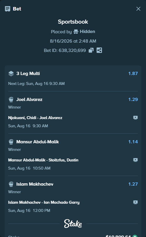 Bet slip: Mansur Abdul-Malik - Stoltzfus, Dustin, $10,820.45 stake at 1.14 odds, placed by Hidden