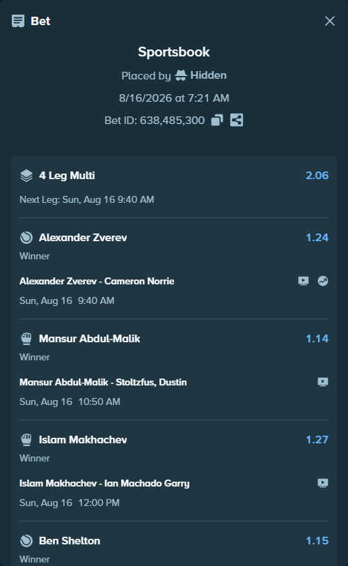 Bet slip: Mansur Abdul-Malik - Stoltzfus, Dustin, $10,991.20 stake at 1.14 odds, placed by Hidden