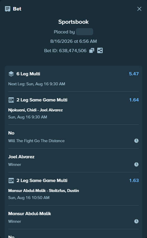 Bet slip: Mansur Abdul-Malik - Stoltzfus, Dustin, $11,359.96 stake at 1.14 odds, placed by MrDivinity