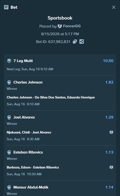 Bet slip: Mansur Abdul-Malik - Stoltzfus, Dustin, $14,000.00 stake at 1.14 odds, placed by FencerGG