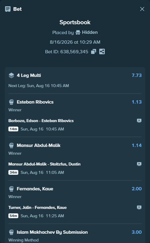 Bet slip: Mansur Abdul-Malik - Stoltzfus, Dustin, $15,015.00 stake at 1.14 odds, placed by Hidden