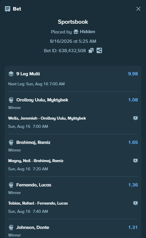Bet slip: Mansur Abdul-Malik - Stoltzfus, Dustin, $47,151.87 stake at 1.14 odds, placed by Hidden