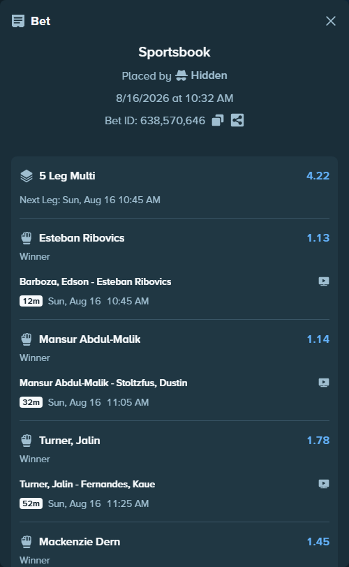 Bet slip: Mansur Abdul-Malik - Stoltzfus, Dustin, $71,278.77 stake at 1.14 odds, placed by Hidden