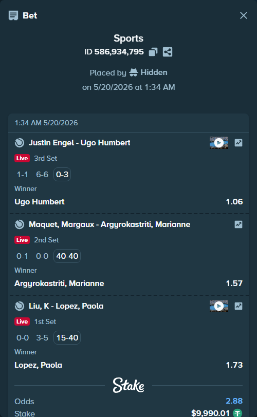 Bet slip: Maquet, Margaux - Argyrokastriti, Marianne, $10,000.00 stake at 1.57 odds, placed by Hidden