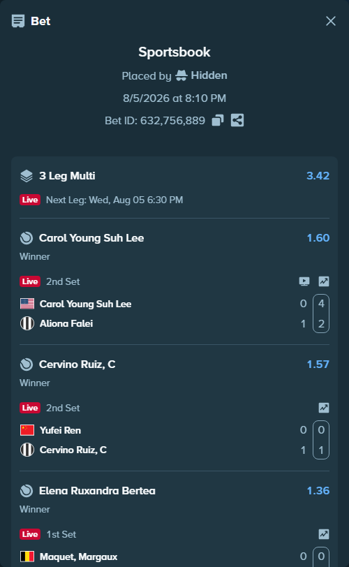 Bet slip: Maquet, Margaux - Elena Ruxandra Bertea, $18,000.00 stake at 1.36 odds, placed by Hidden