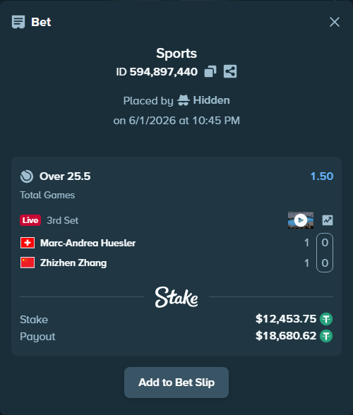 Bet slip: Marc-Andrea Huesler - Zhizhen Zhang, $12,466.20 stake at 1.50 odds, placed by Hidden