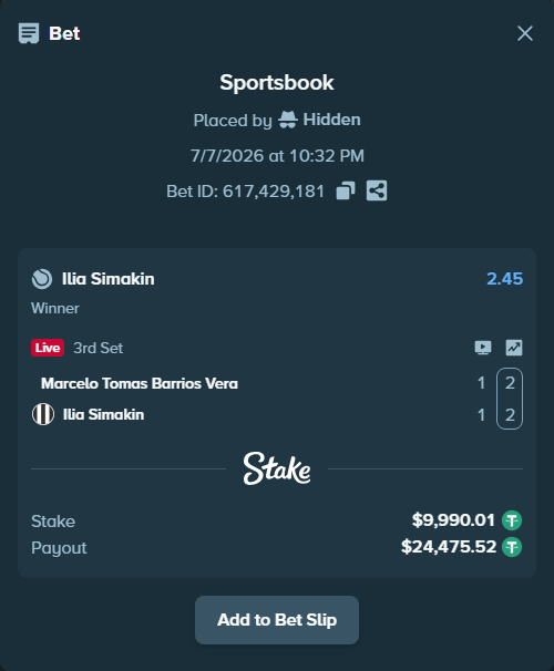 Bet slip: Marcelo Tomas Barrios Vera - Ilia Simakin, $10,000.00 stake at 2.45 odds, placed by Hidden