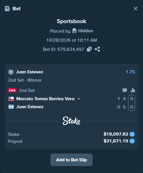Bet slip: Marcelo Tomas Barrios Vera - Juan Estevez, $18,097.82 stake at 1.75 odds, placed by Hidden