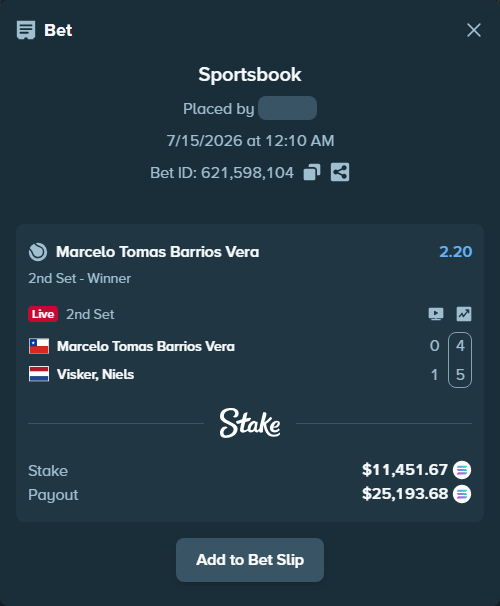 Bet slip: Marcelo Tomas Barrios Vera - Visker, Niels, $10,826.83 stake at 2.20 odds, placed by Prettylfacko98