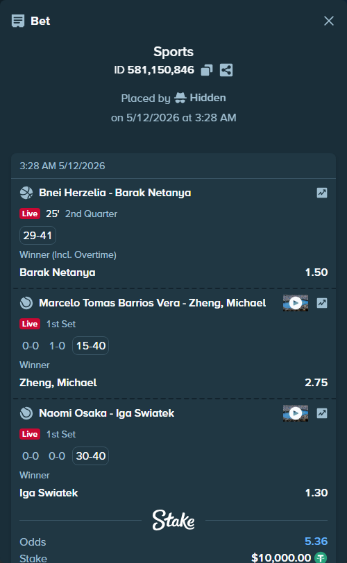 Bet slip: Marcelo Tomas Barrios Vera - Zheng, Michael, $10,000.00 stake at 2.75 odds, placed by Hidden