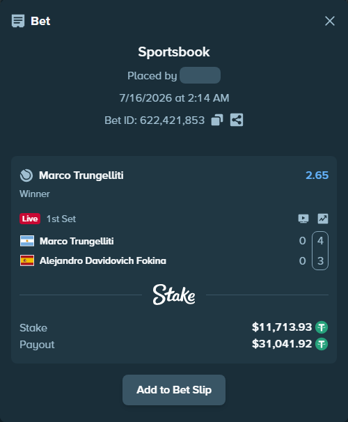 Bet slip: Marco Trungelliti - Alejandro Davidovich Fokina, $11,725.65 stake at 2.65 odds, placed by ayoflasher