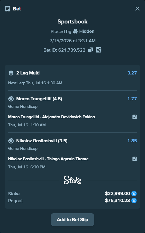 Bet slip: Marco Trungelliti - Alejandro Davidovich Fokina, $22,999.00 stake at 1.77 odds, placed by Hidden