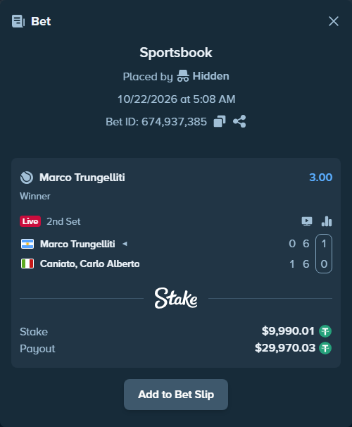 Bet slip: Marco Trungelliti - Caniato, Carlo Alberto, $10,000.00 stake at 3.00 odds, placed by WinTr10
