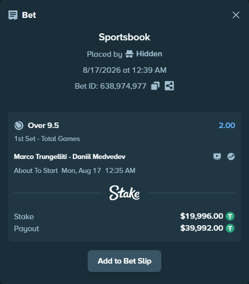Bet slip: Marco Trungelliti - Daniil Medvedev, $20,016.00 stake at 2.00 odds, placed by Hidden