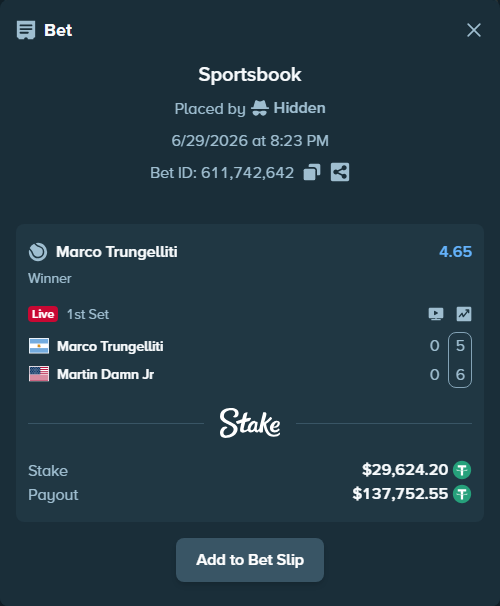 Bet slip: Marco Trungelliti - Martin Damn Jr, $29,653.83 stake at 4.65 odds, placed by Hidden