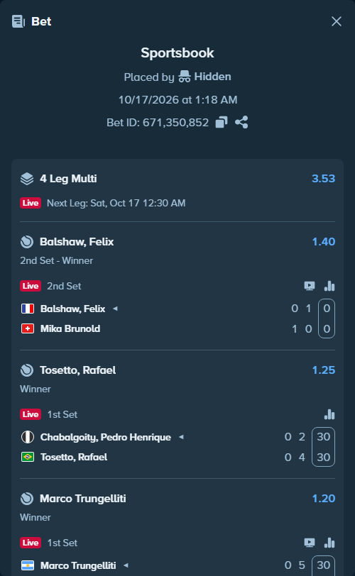 Bet slip: Marco Trungelliti - Passaro, Francesco, $12,024.00 stake at 1.20 odds, placed by Hidden