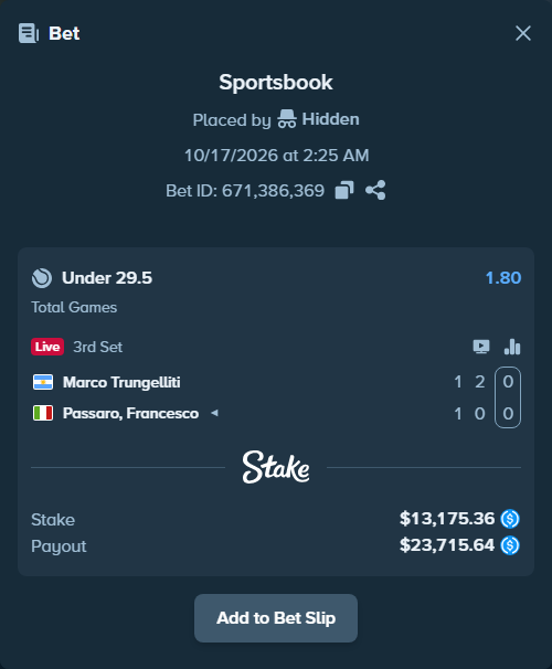 Bet slip: Marco Trungelliti - Passaro, Francesco, $13,175.36 stake at 1.80 odds, placed by Hidden