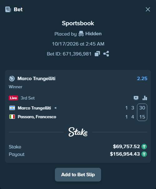 Bet slip: Marco Trungelliti - Passaro, Francesco, $69,827.28 stake at 2.25 odds, placed by Hidden