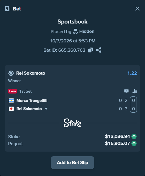 Bet slip: Marco Trungelliti - Rei Sakamoto, $13,033.03 stake at 1.22 odds, placed by LinoPa
