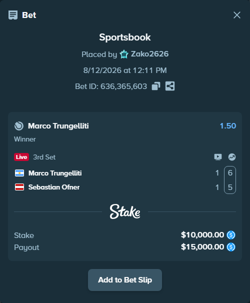 Bet slip: Marco Trungelliti - Sebastian Ofner, $10,000.00 stake at 1.50 odds, placed by Zako2626