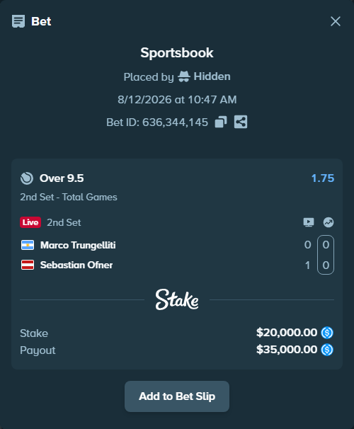 Bet slip: Marco Trungelliti - Sebastian Ofner, $20,000.00 stake at 1.75 odds, placed by Hidden