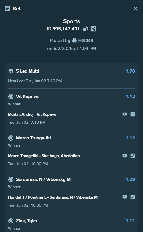 Bet slip: Marco Trungelliti - Shelbayh, Abdullah, $15,661.69 stake at 1.12 odds, placed by Hidden