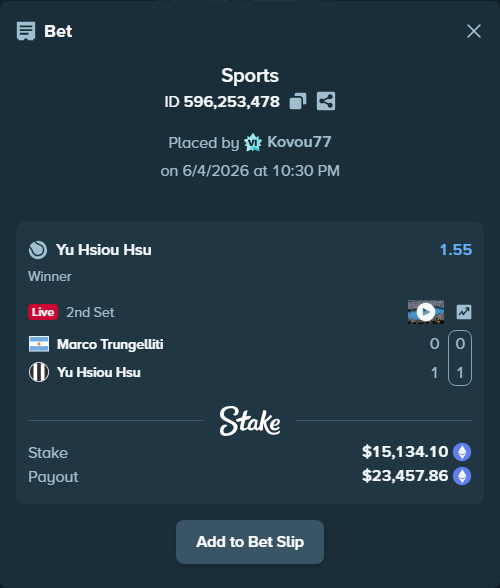 Bet slip: Marco Trungelliti - Yu Hsiou Hsu, $14,758.90 stake at 1.55 odds, placed by Kovou77