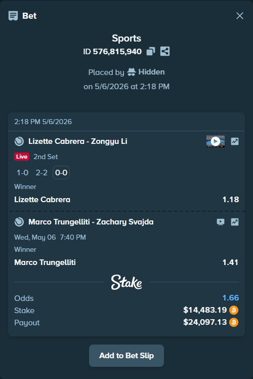 Bet slip: Marco Trungelliti - Zachary Svajda, $11,432.78 stake at 1.41 odds, placed by Hidden