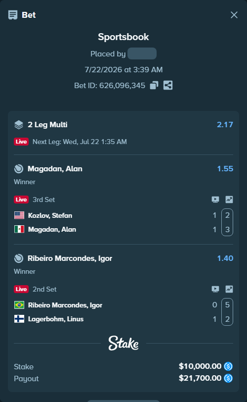 Bet slip: Marcondes, Igor - Lagerbohm, Linus, $10,000.00 stake at 1.40 odds, placed by kuwkuw