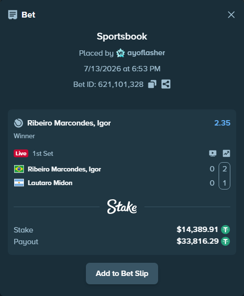 Bet slip: Marcondes, Igor - Lautaro Midon, $14,404.30 stake at 2.35 odds, placed by ayoflasher