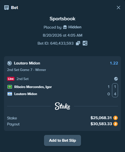 Bet slip: Marcondes, Igor - Lautaro Midon, $25,201.16 stake at 1.22 odds, placed by Hidden