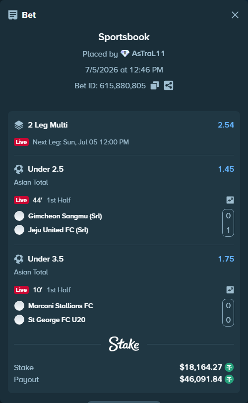 Bet slip: Marconi Stallions FC - St George FC, $18,182.44 stake at 1.75 odds, placed by AsTraL11