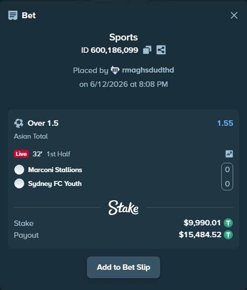 Bet slip: Marconi Stallions - Sydney FC Youth, $10,000.00 stake at 1.55 odds, placed by rmaghsdudthd