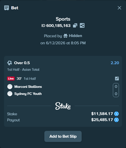 Bet slip: Marconi Stallions - Sydney FC Youth, $11,584.17 stake at 2.20 odds, placed by Hidden