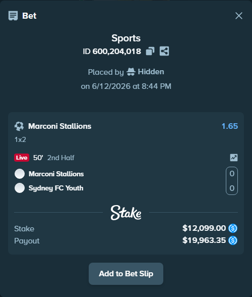 Bet slip: Marconi Stallions - Sydney FC Youth, $12,099.00 stake at 1.65 odds, placed by Hidden