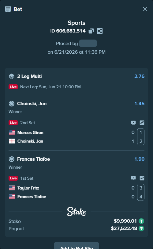 Bet slip: Marcos Giron - Choinski, Jan, $10,000.00 stake at 1.45 odds, placed by zhanjinkun