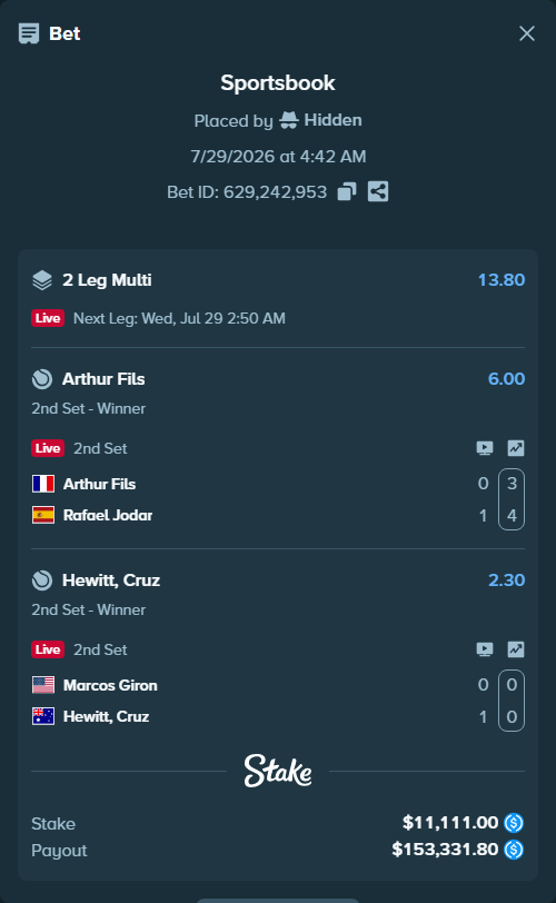 Bet slip: Marcos Giron - Hewitt, Cruz, $11,111.00 stake at 2.30 odds, placed by Hidden