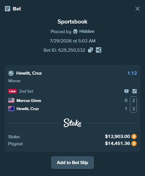 Bet slip: Marcos Giron - Hewitt, Cruz, $13,030.57 stake at 1.12 odds, placed by Hidden