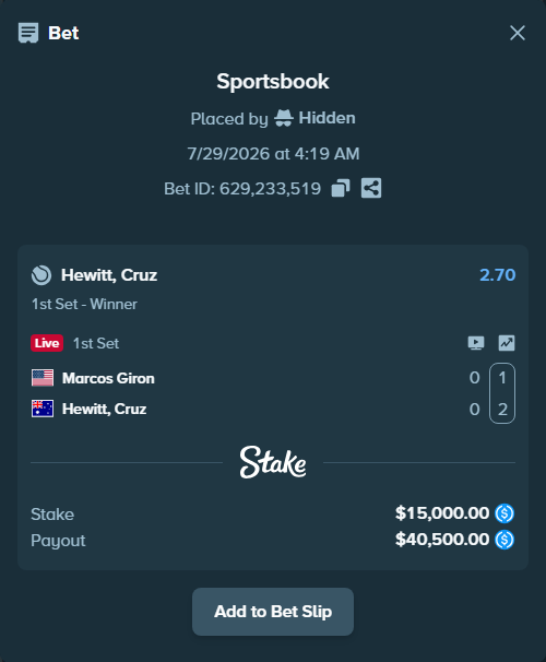 Bet slip: Marcos Giron - Hewitt, Cruz, $15,000.00 stake at 2.70 odds, placed by Hidden