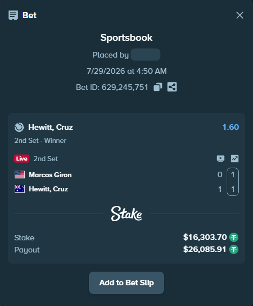 Bet slip: Marcos Giron - Hewitt, Cruz, $16,320.00 stake at 1.60 odds, placed by WinTr10
