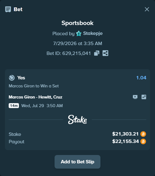 Bet slip: Marcos Giron - Hewitt, Cruz, $21,554.94 stake at 1.04 odds, placed by Stakepje
