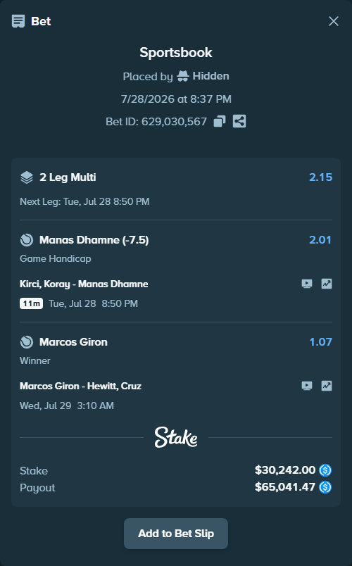 Bet slip: Marcos Giron - Hewitt, Cruz, $30,242.00 stake at 1.07 odds, placed by Hidden