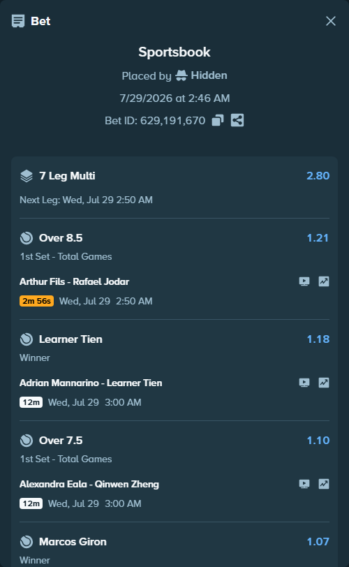 Bet slip: Marcos Giron - Hewitt, Cruz, $75,075.00 stake at 1.07 odds, placed by Hidden
