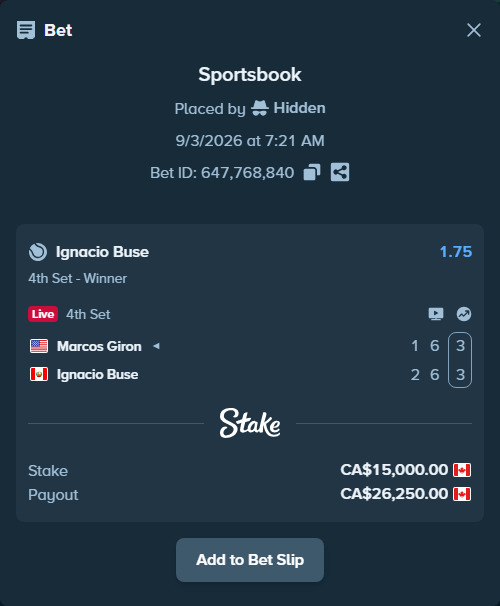 Bet slip: Marcos Giron - Ignacio Buse, $11,100.00 stake at 1.75 odds, placed by Hidden