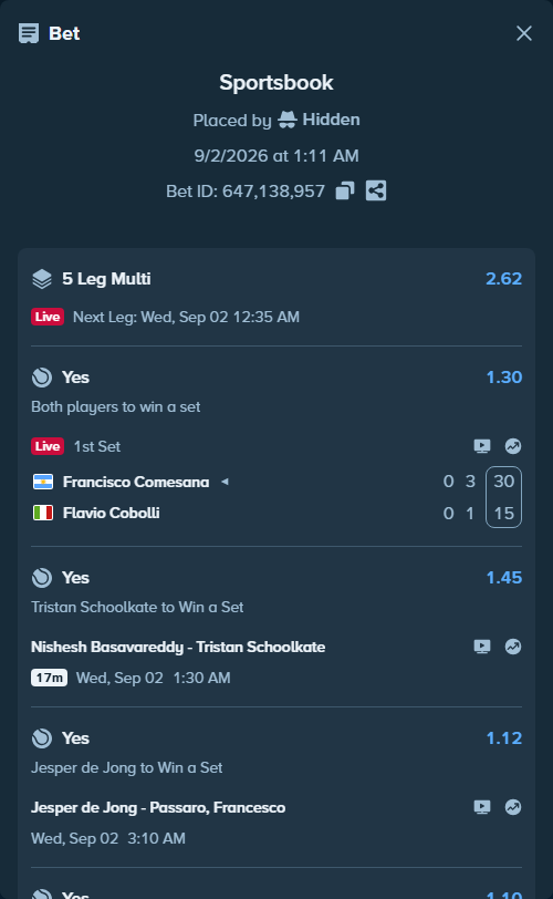 Bet slip: Marcos Giron - Ignacio Buse, $11,852.48 stake at 1.10 odds, placed by Hidden