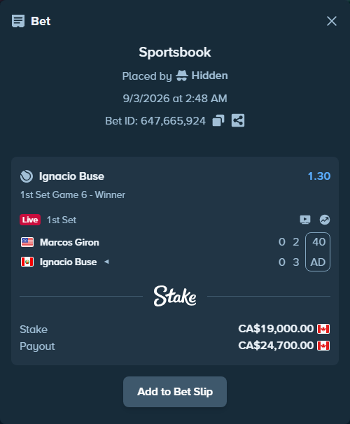 Bet slip: Marcos Giron - Ignacio Buse, $14,060.00 stake at 1.30 odds, placed by Hidden