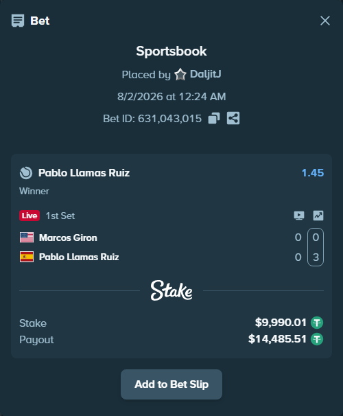Bet slip: Marcos Giron - Pablo Llamas Ruiz, $10,000.00 stake at 1.45 odds, placed by DaljitJ