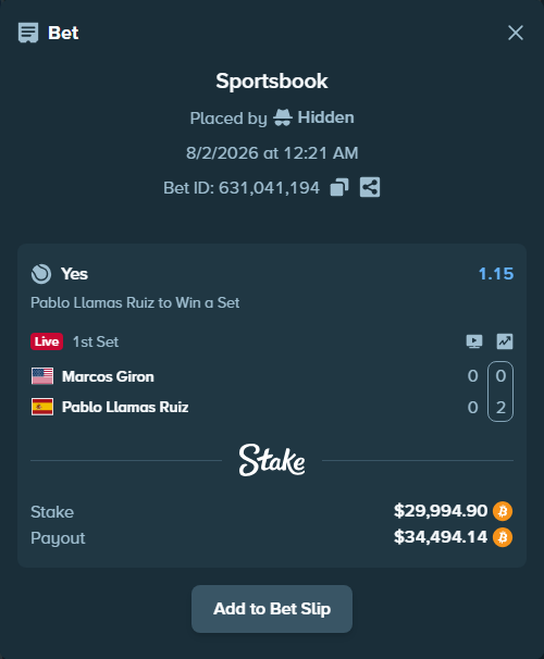 Bet slip: Marcos Giron - Pablo Llamas Ruiz, $30,600.16 stake at 1.15 odds, placed by Hidden