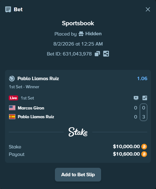 Bet slip: Marcos Giron - Pablo Llamas Ruiz, $10,201.79 stake at 1.06 odds, placed by Hidden
